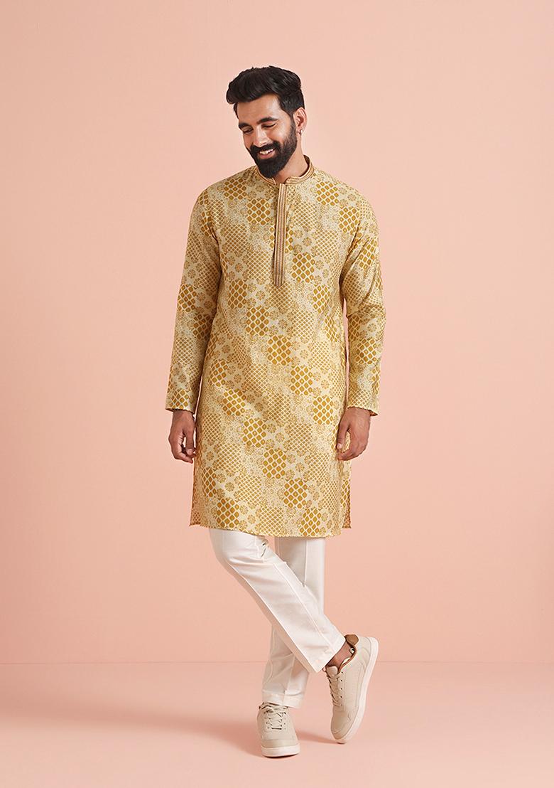 Yellow Printed Cotton Blend Kurta Set