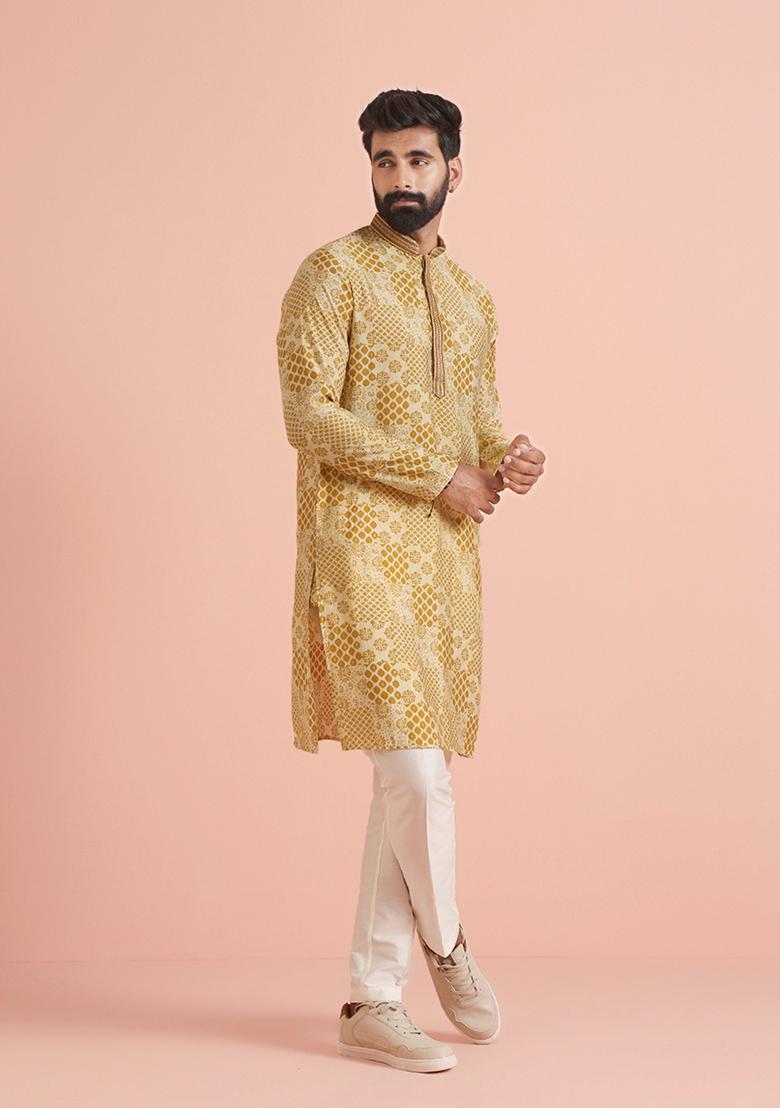 Yellow Printed Cotton Blend Kurta Set