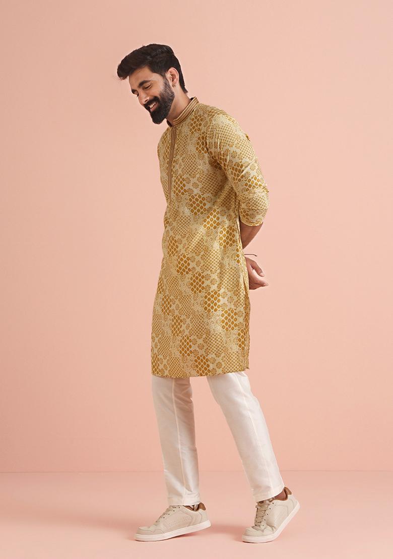 Yellow Printed Cotton Blend Kurta Set