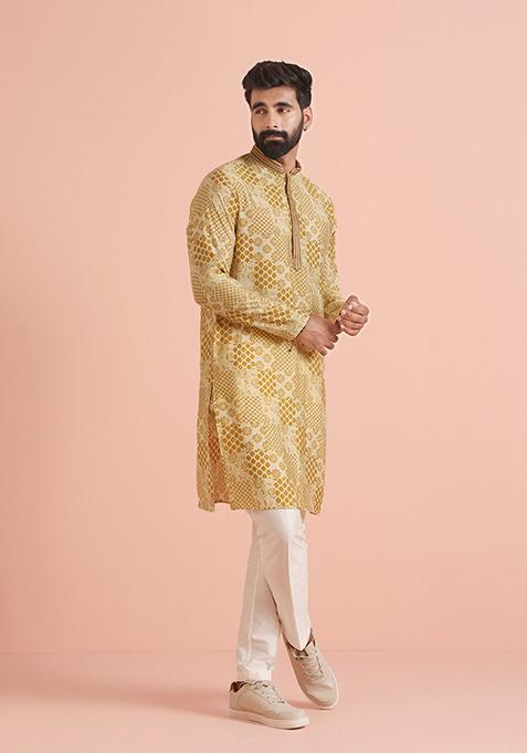 Yellow Printed Cotton Blend Kurta Set