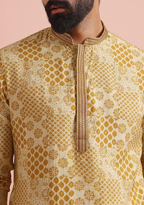 Yellow Printed Cotton Blend Kurta Set