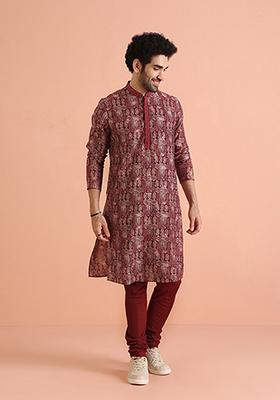 Maroon Printed Cotton Blend Kurta Set