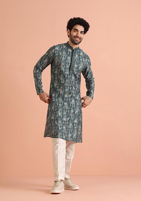 Blue Printed Cotton Blend Kurta Set