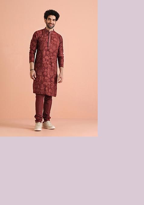 Maroon Printed Cotton Blend Kurta Set