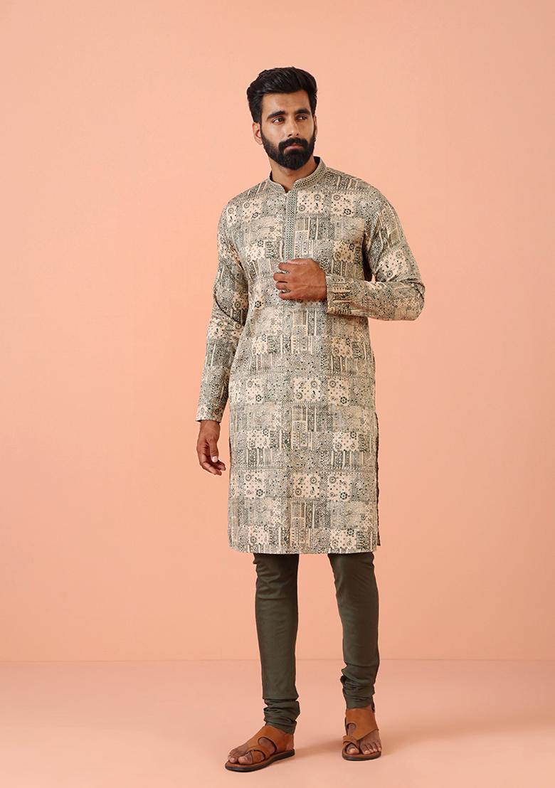 Green Printed Cotton Blend Kurta Set