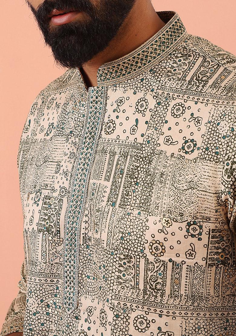 Green Printed Cotton Blend Kurta Set