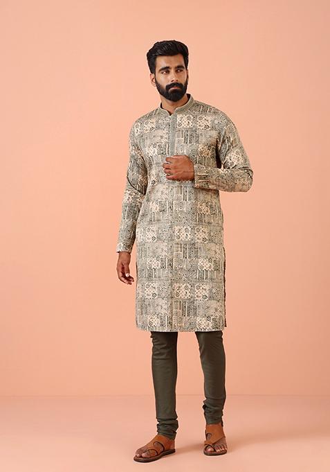 Green Printed Cotton Blend Kurta Set