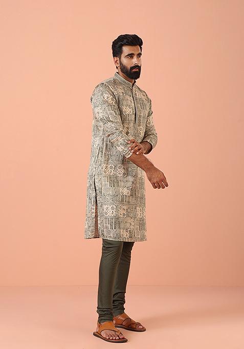 Green Printed Cotton Blend Kurta Set