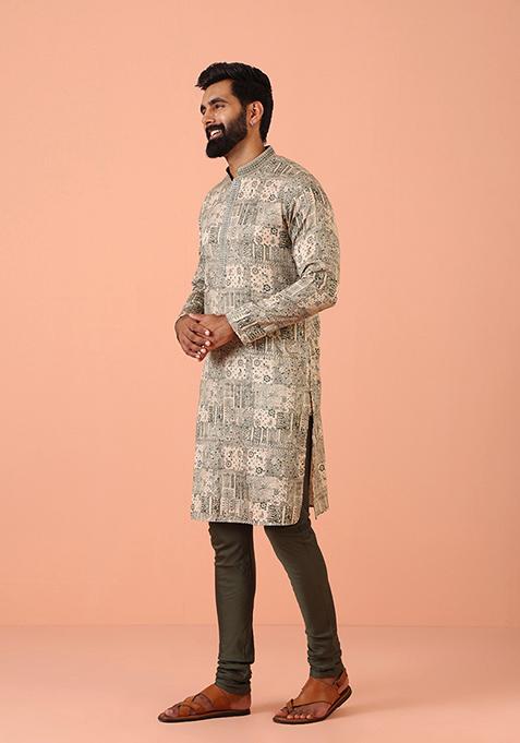 Green Printed Cotton Blend Kurta Set