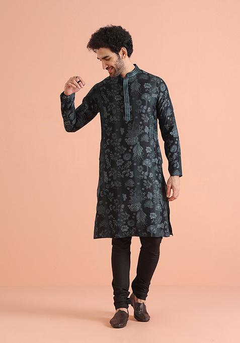 Black Printed Cotton Blend Kurta Set