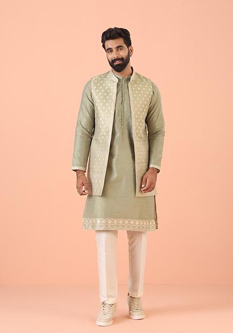 Green Self Design Silk Blend Kurta Jacket Set