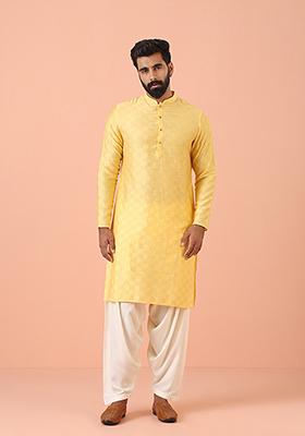 Yellow Self Design Cotton Blend Kurta Set