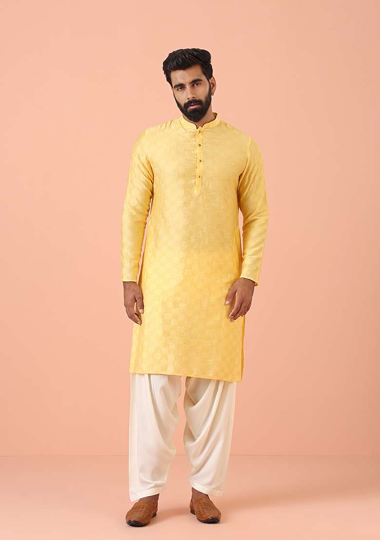Yellow Self Design Cotton Blend Kurta Set - Indya
