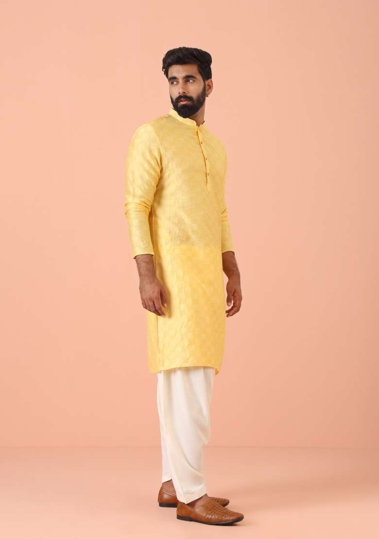 Yellow Self Design Cotton Blend Kurta Set - Indya