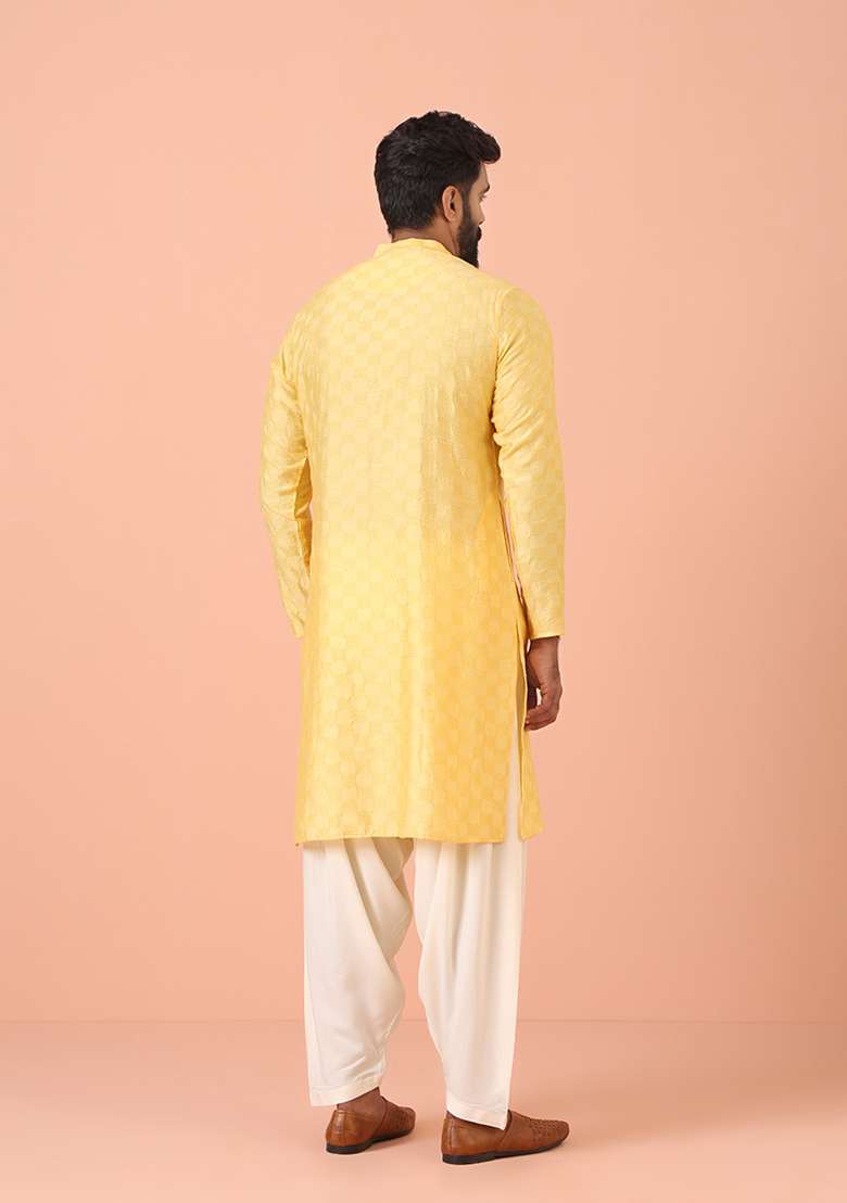 Yellow Self Design Cotton Blend Kurta Set - Indya