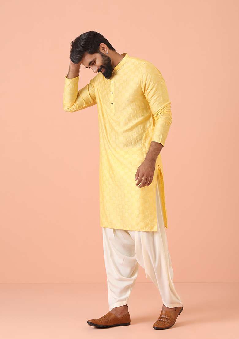 Yellow Self Design Cotton Blend Kurta Set - Indya