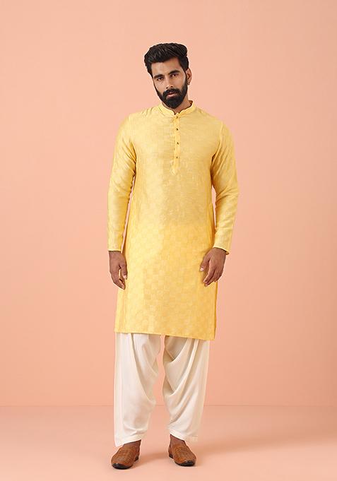 Yellow Self Design Cotton Blend Kurta Set