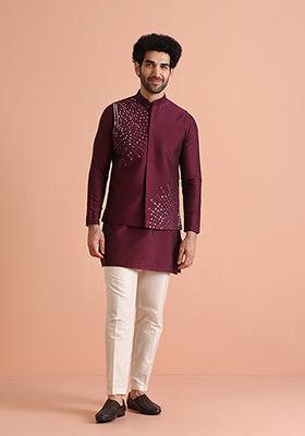 Maroon Embroidered Cotton Blend Kurta Jacket Set