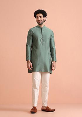 Green Solid Cotton Blend Mid Kurta Set