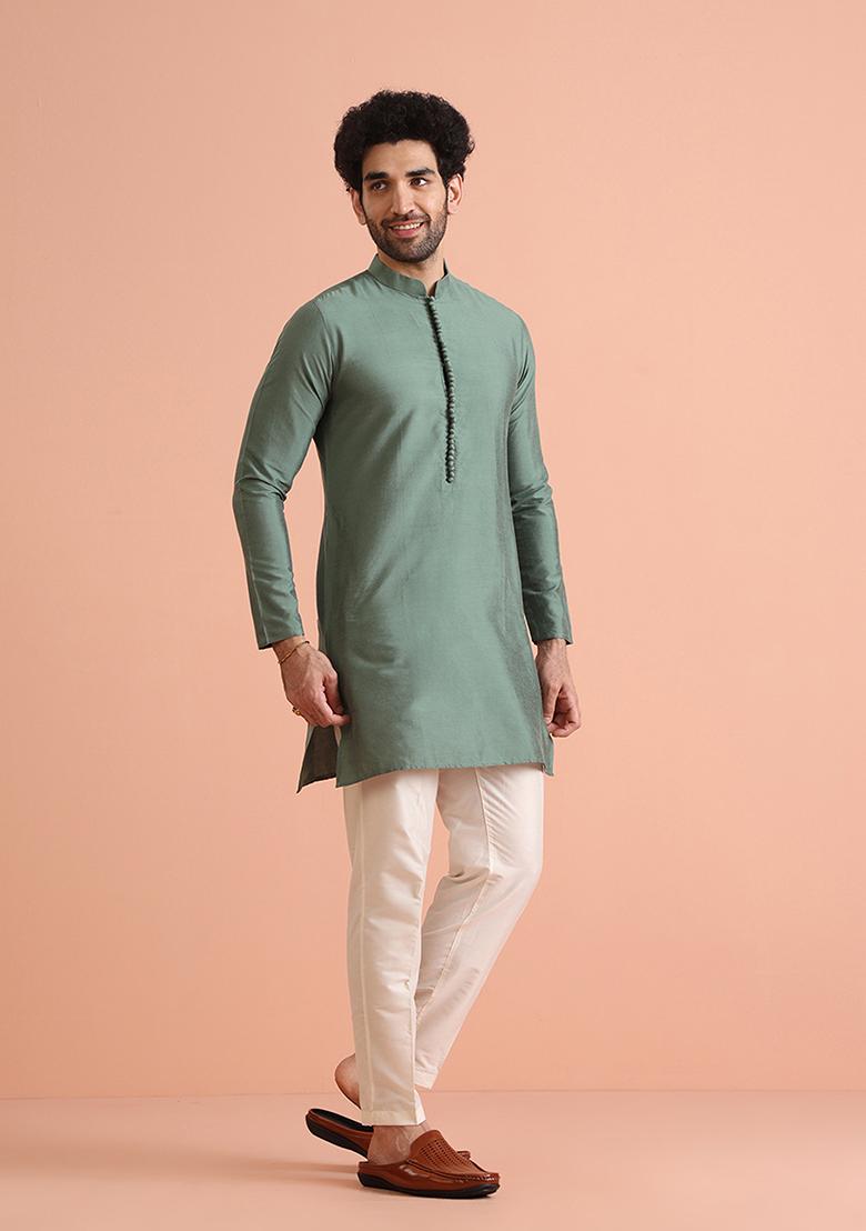 Green Solid Cotton Blend Mid Kurta Set - Indya