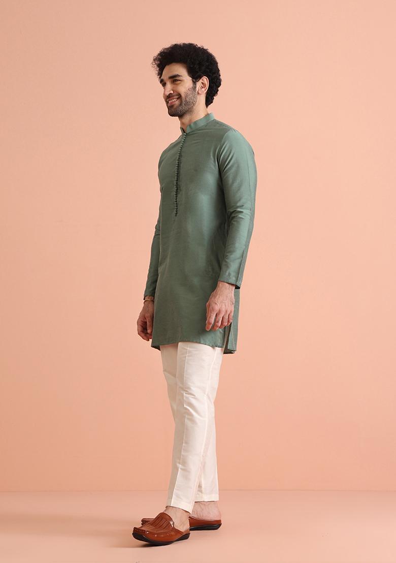 Green Solid Cotton Blend Mid Kurta Set - Indya
