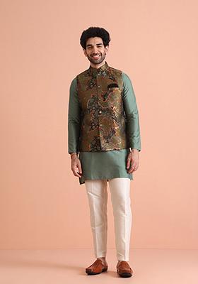 Green Woven Design Silk Blend Kurta Jacket Set