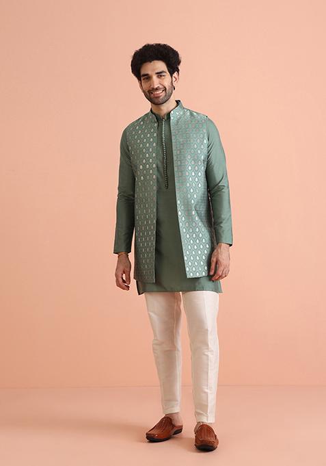 Green Woven Design Silk Blend Kurta Jacket Set