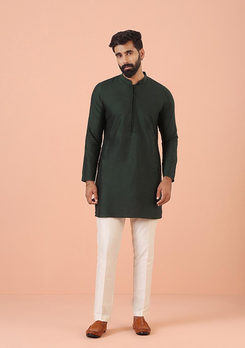 Green Solid Cotton Blend Mid Kurta Set