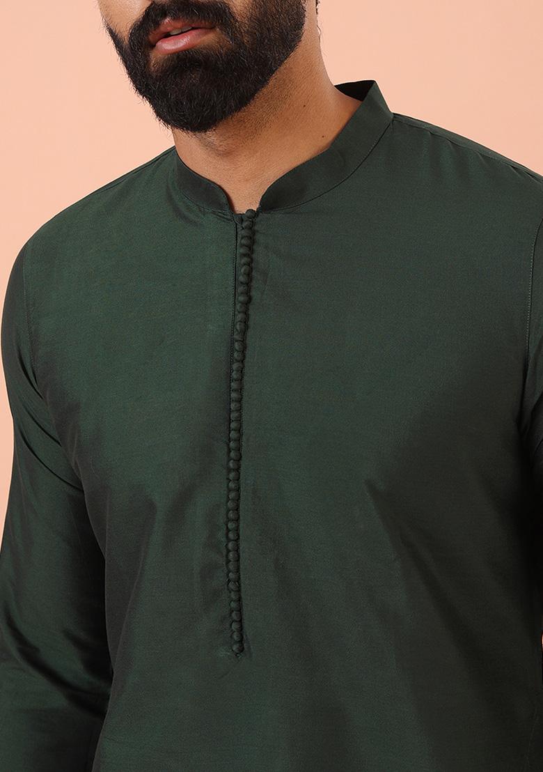 Green Solid Cotton Blend Mid Kurta Set
