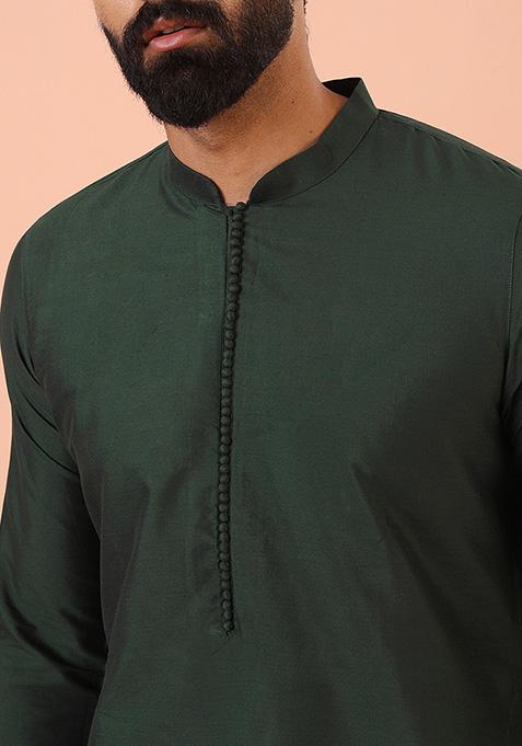 Green Solid Cotton Blend Mid Kurta Set