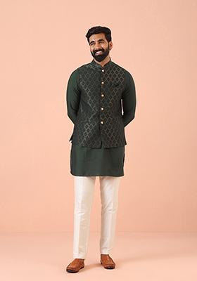 Green Self Design Silk Blend Kurta Jacket Set