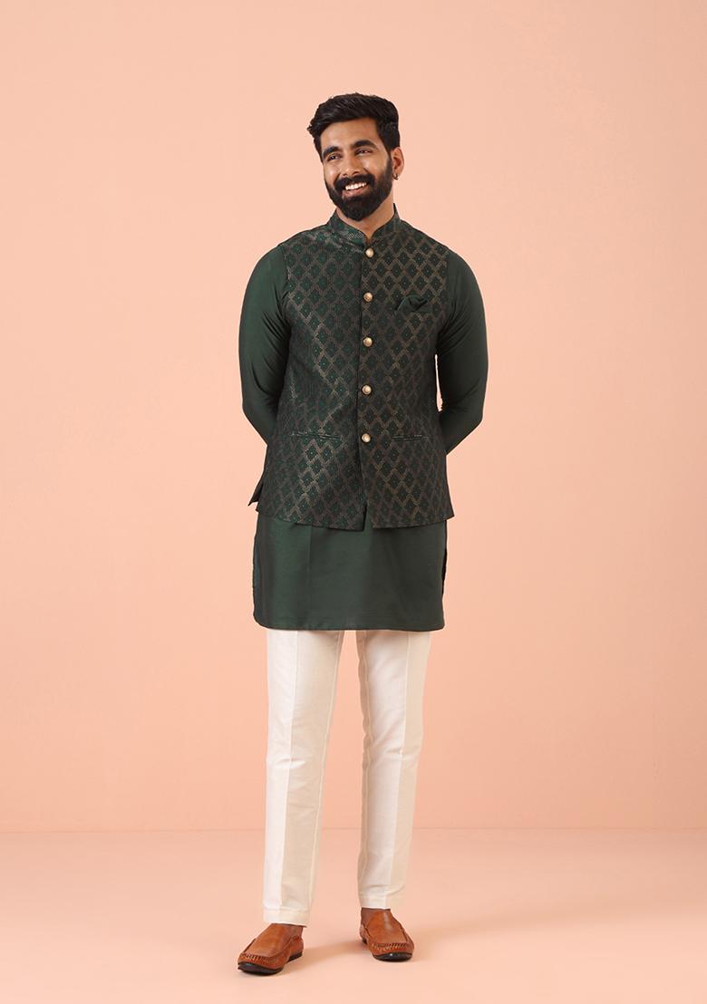 Green Self Design Silk Blend Kurta Jacket Set