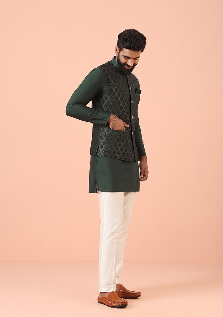 Green Self Design Silk Blend Kurta Jacket Set