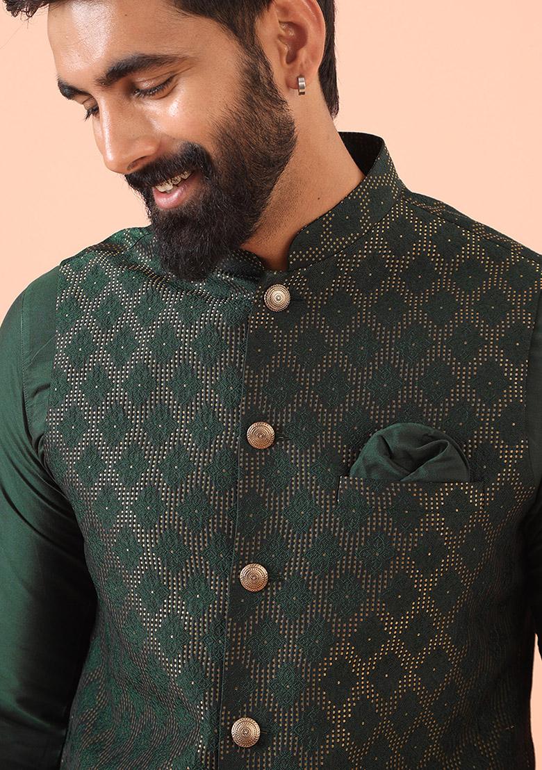 Green Self Design Silk Blend Kurta Jacket Set