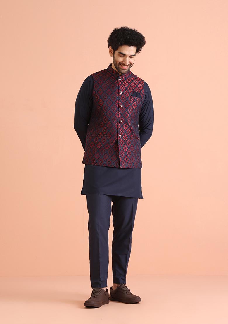 Navy Blue Woven Design Silk Blend Kurta Jacket Set