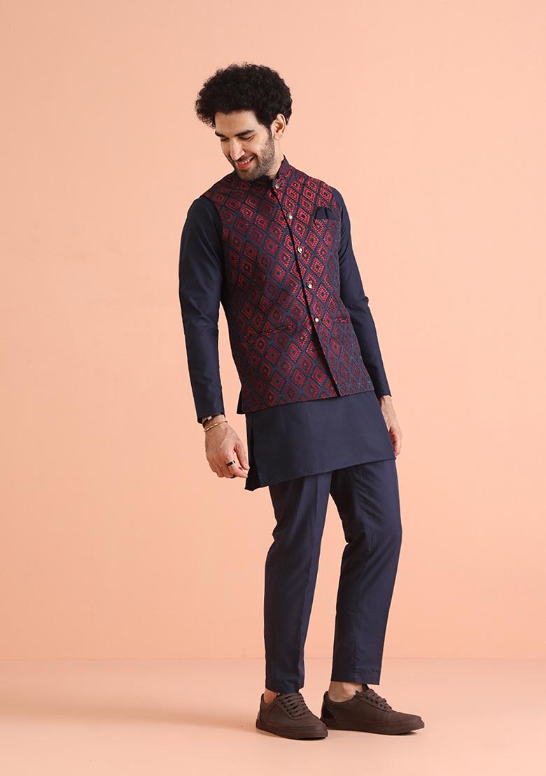 Navy Blue Woven Design Silk Blend Kurta Jacket Set