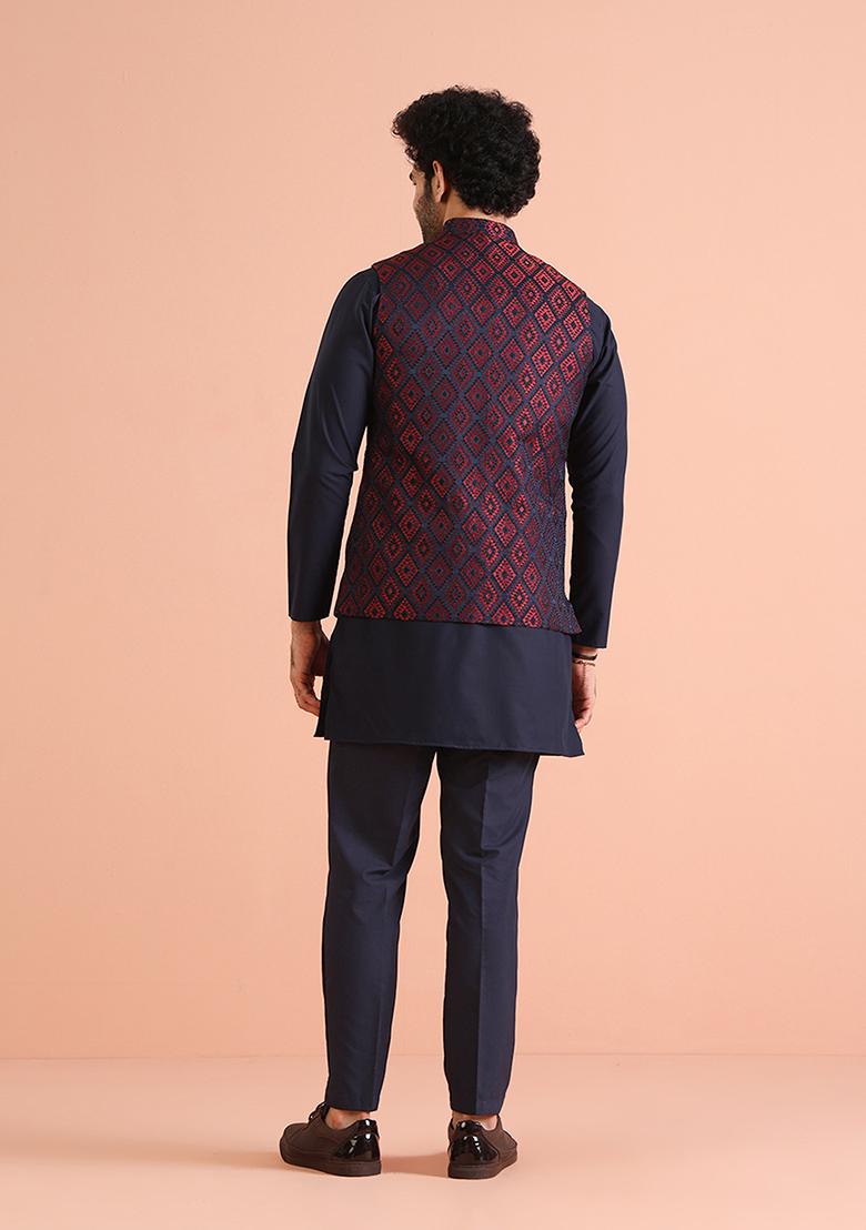 Navy Blue Woven Design Silk Blend Kurta Jacket Set