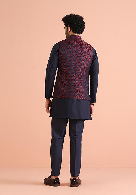 Navy Blue Woven Design Silk Blend Kurta Jacket Set