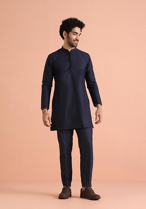 Navy Blue Woven Design Silk Blend Kurta Jacket Set