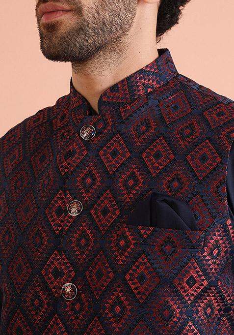 Navy Blue Woven Design Silk Blend Kurta Jacket Set
