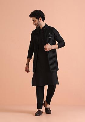 Black Striped Cotton Blend Kurta Jacket Set