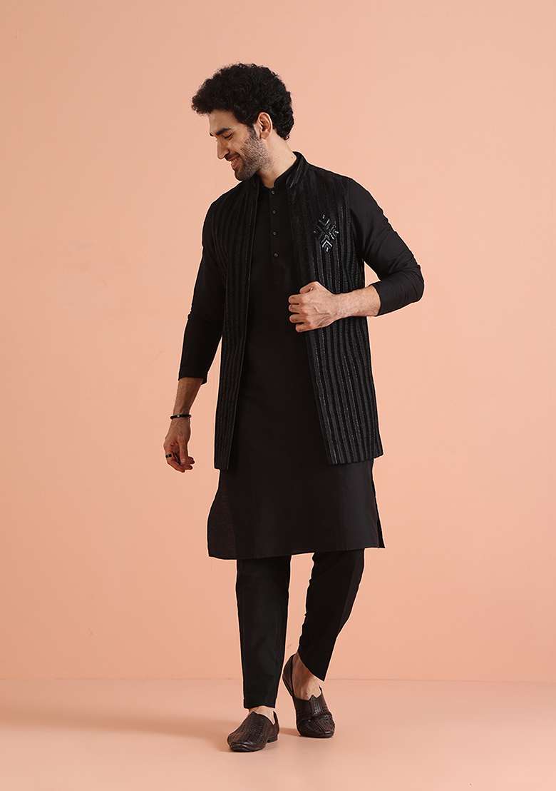 Black Striped Cotton Blend Kurta Jacket Set - Indya