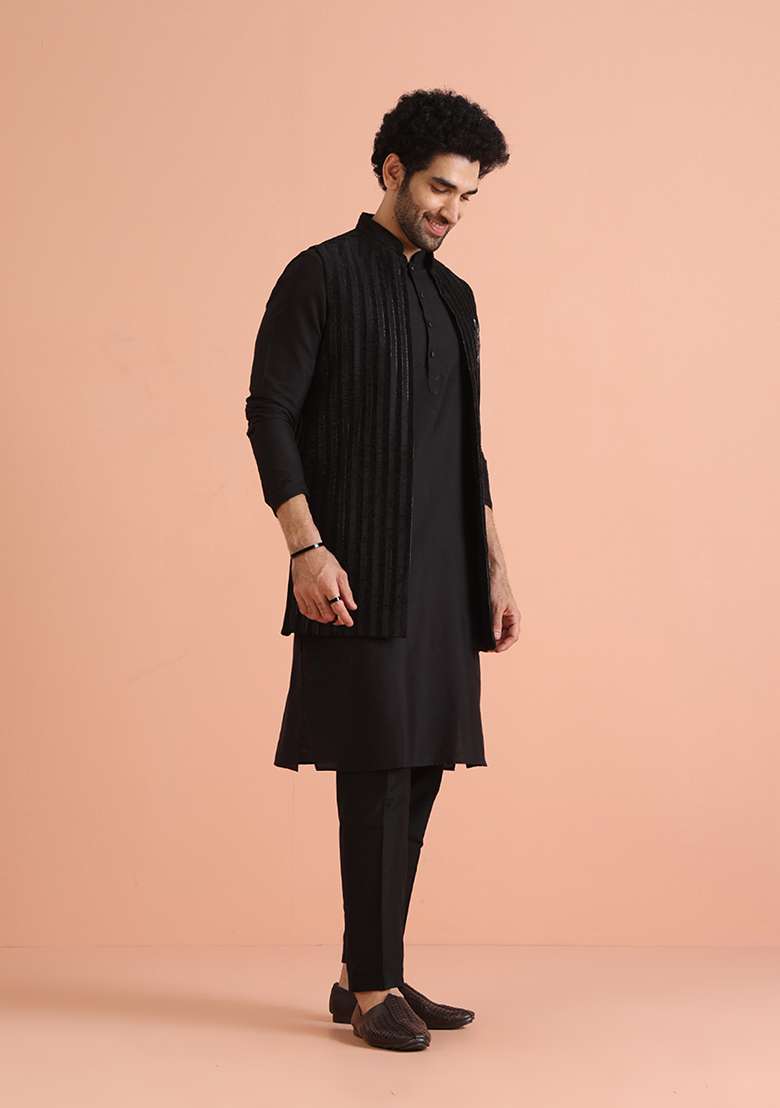 Black Striped Cotton Blend Kurta Jacket Set - Indya
