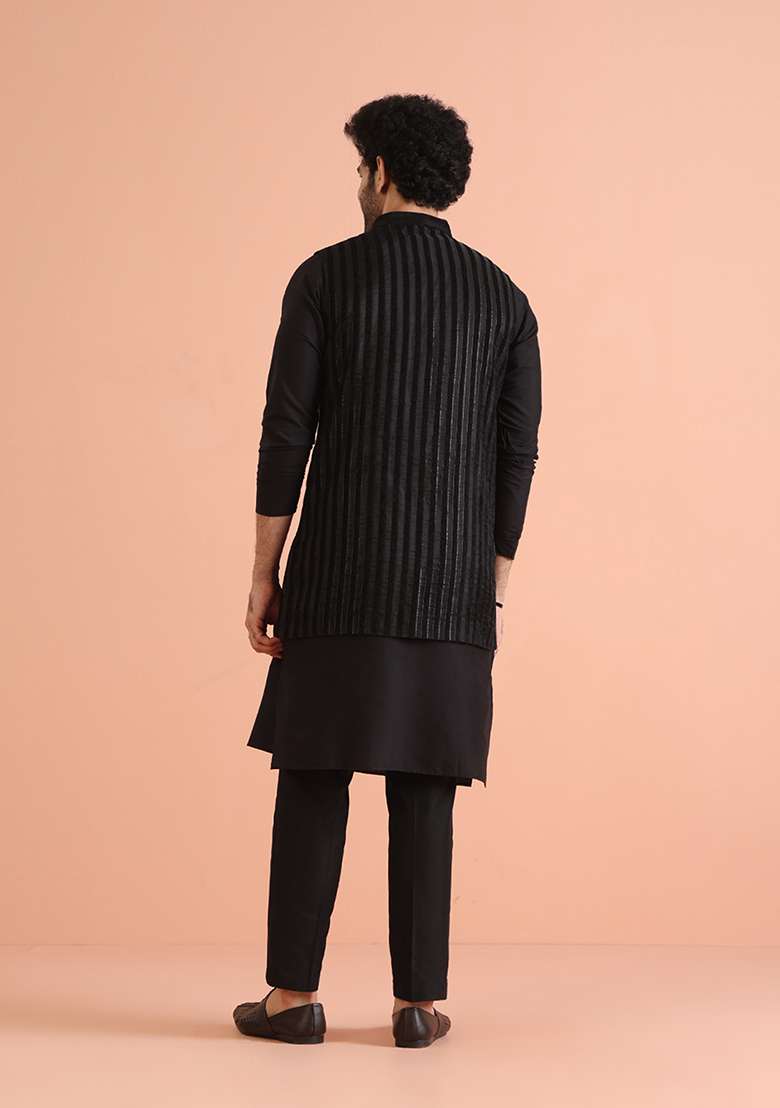 Black Striped Cotton Blend Kurta Jacket Set - Indya