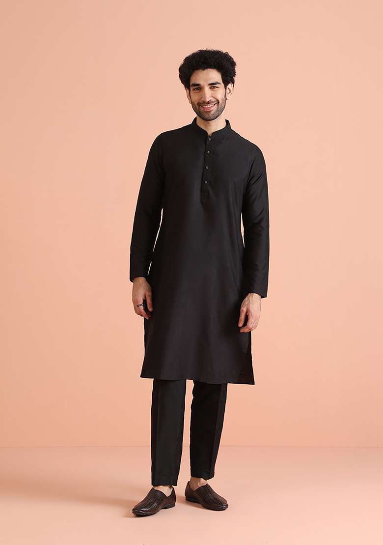 Black Striped Cotton Blend Kurta Jacket Set - Indya
