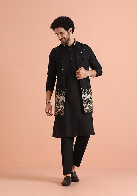 Black Embroidered Cotton Blend Kurta Jacket Set