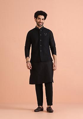 Black Embroidered Cotton Blend Kurta Jacket Set