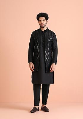 Black Embroidered Cotton Blend Kurta Jacket Set