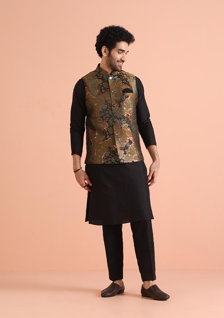 Green Woven Design Silk Blend Kurta Jacket Set