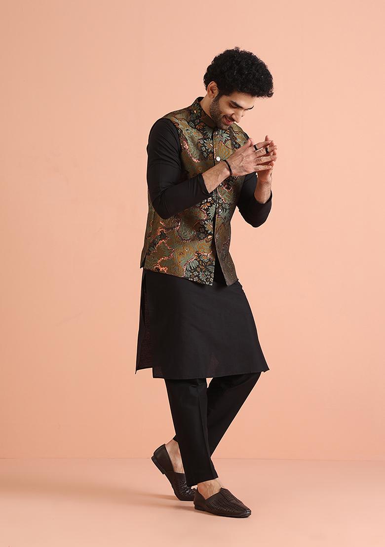 Green Woven Design Silk Blend Kurta Jacket Set